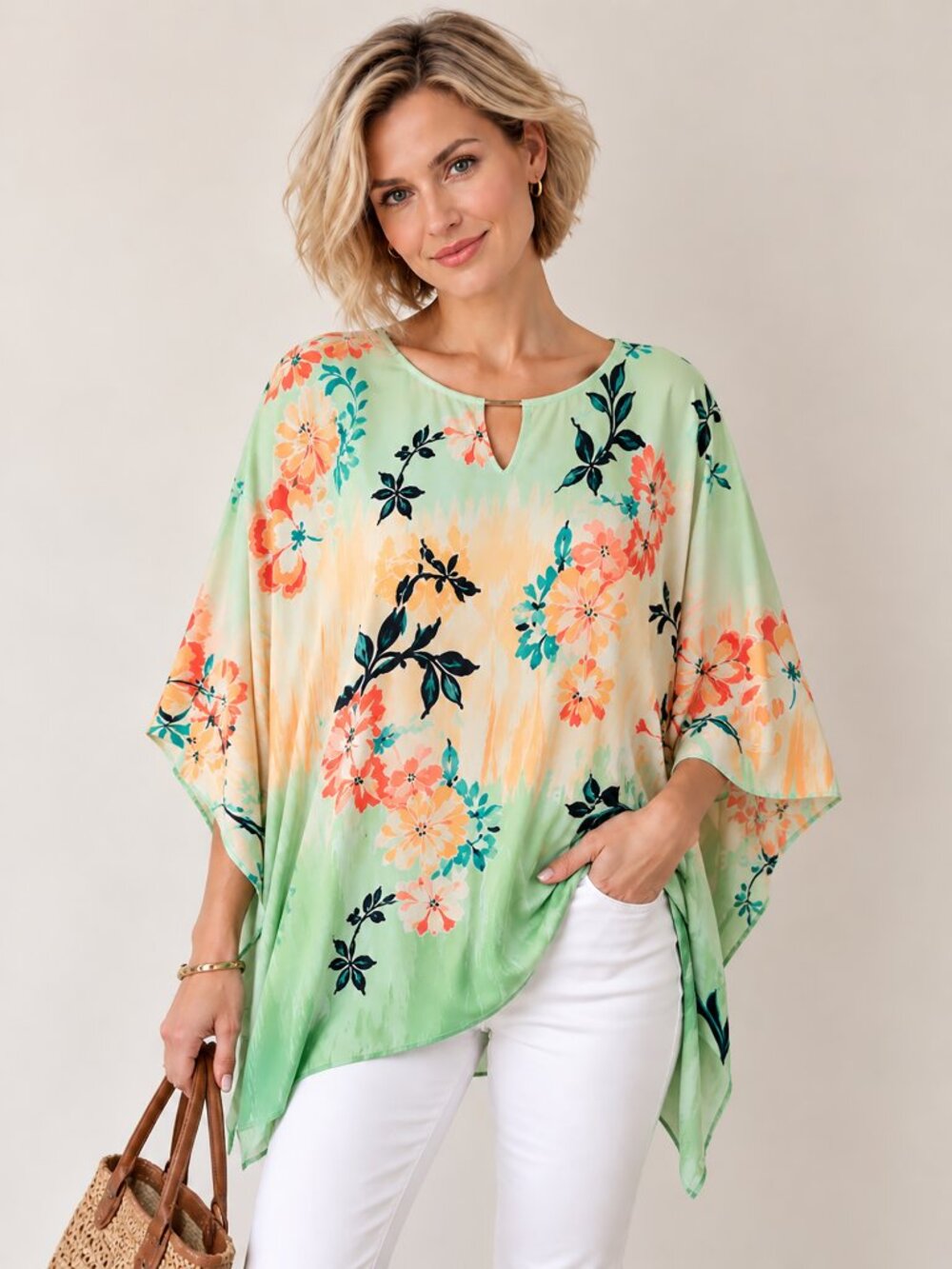 JM Collection XL Floral Poncho Top Mint Green Dolman Blouse